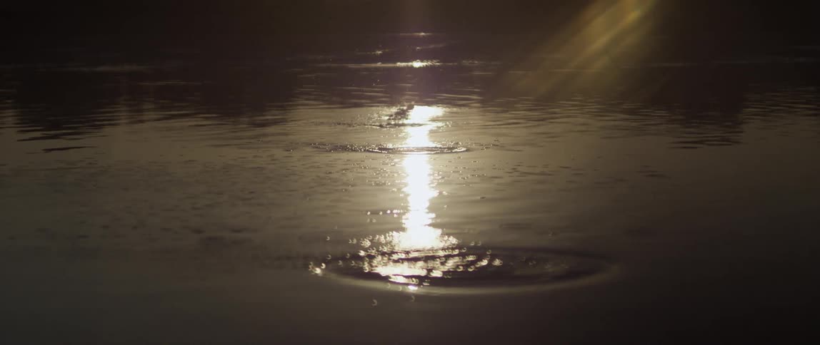 Person skips stones across water reflecting sun on dim day