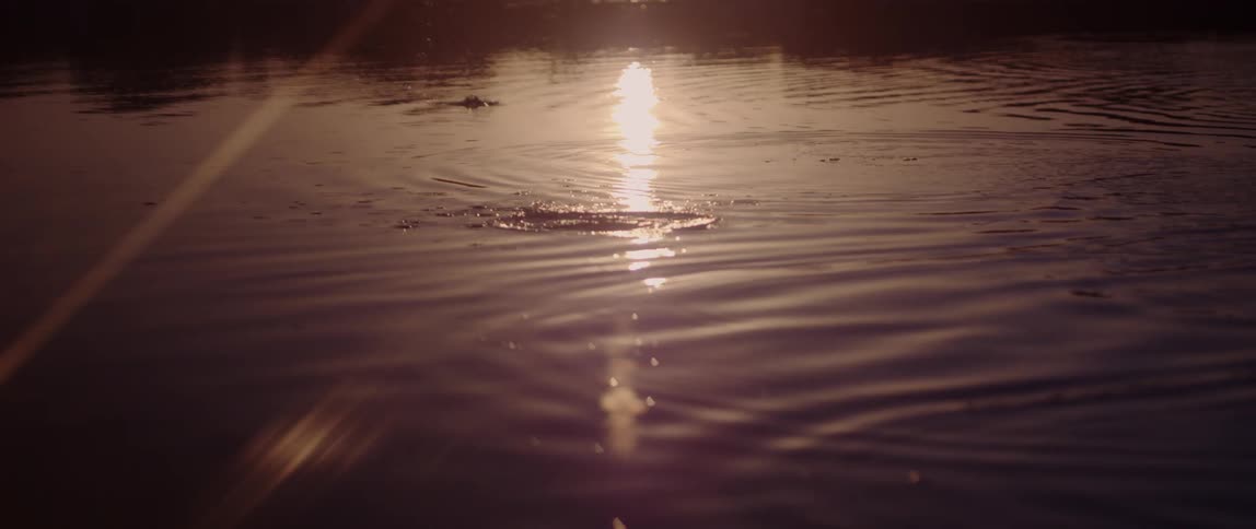 Person skips stone creating ripples in reflective water
