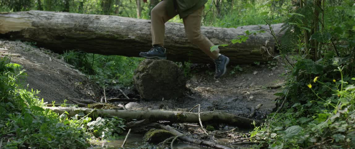 A person and a dog jumping in the forest