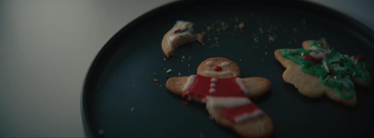 Black plate with broken christmas cookies