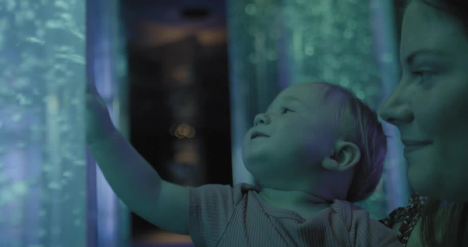 Portrait of the mother holding her baby who is smiling and placing her hand on an aquarium tube