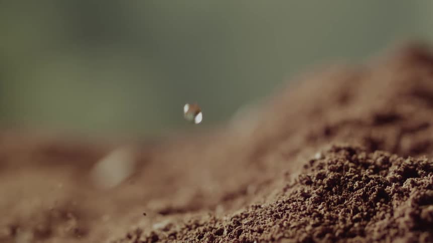 Spherical water drops fall onto brown mounds disturbing the surfaces