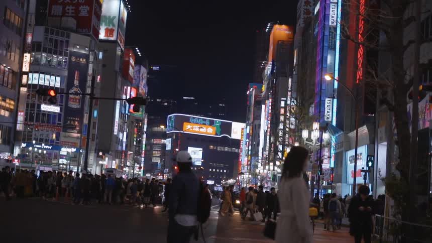 People crossing a famous street in japan at night