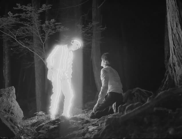 A man is on his knees in the woods as a luminous glowing man walks to him and puts his hand on the mans face