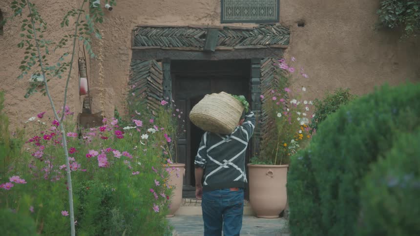 Back of a man walking with a basket full of produce on his shoulder in a garden at sunset