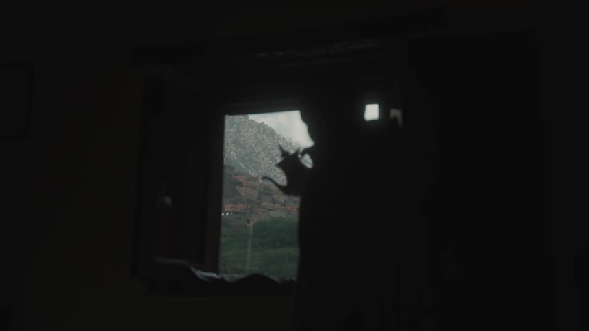 Silhouette of a man inside a house pouring liquid from a pitcher into a glass near the window