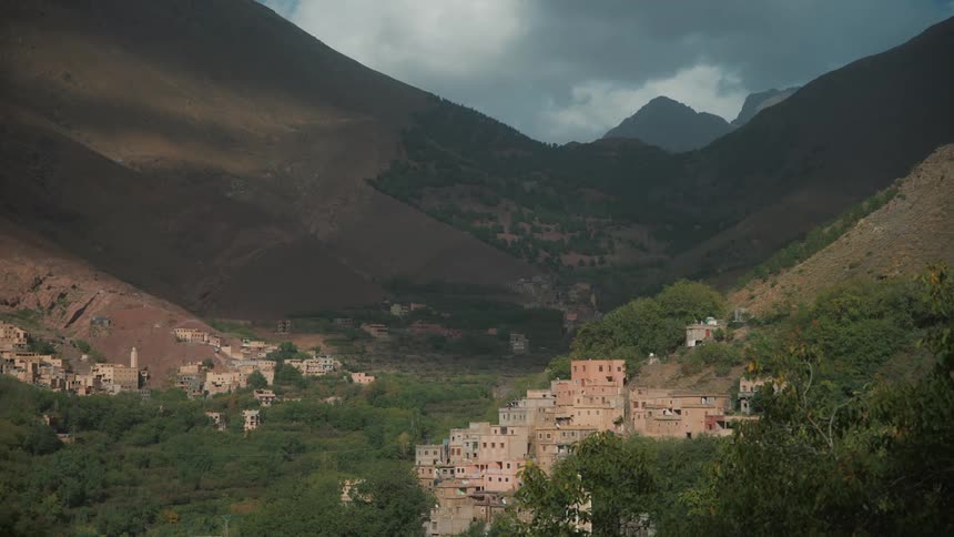 Village built amidst the mountains in nature