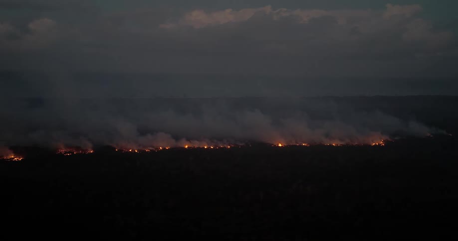 Smoke from wildfire fills the air over forest after dusk
