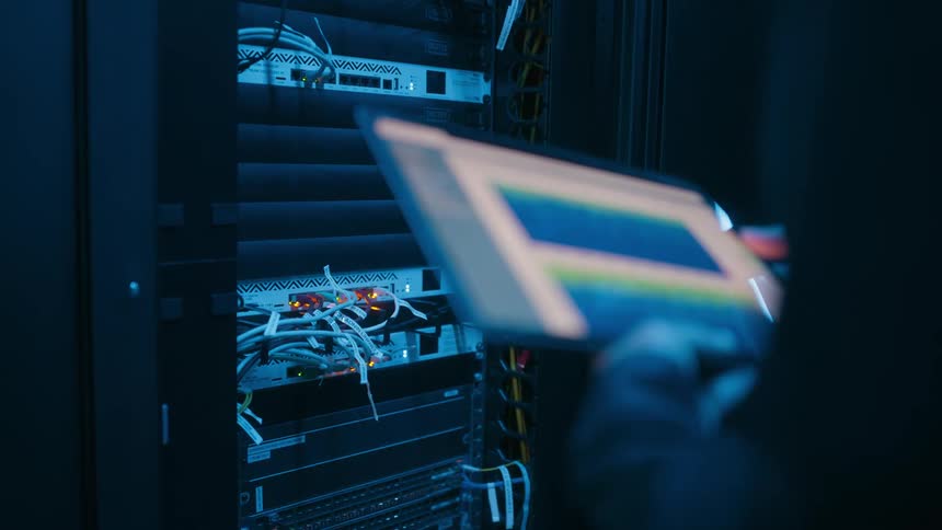 A room with equipment full of cables and blinking lights