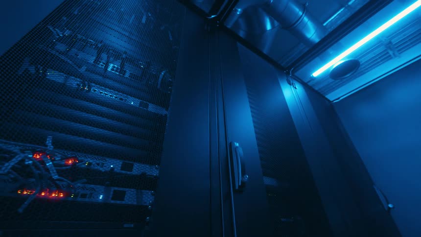 An internet server room with blue light