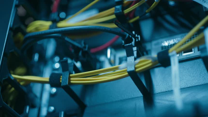 Closeup of fiber optical cables in a server room