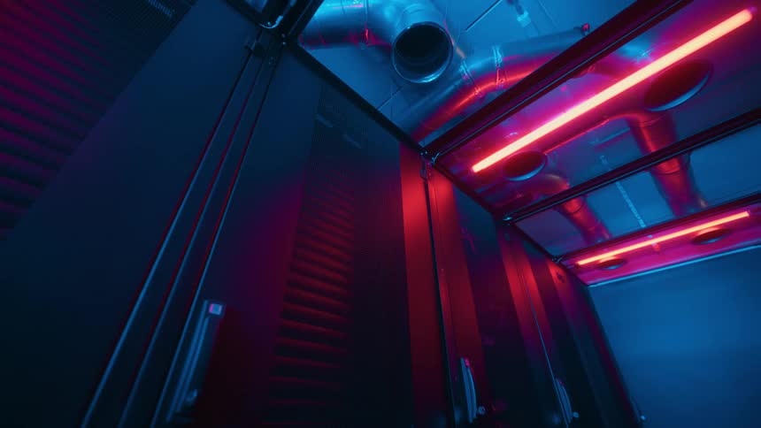 A room with some server hardware and some overhead lights