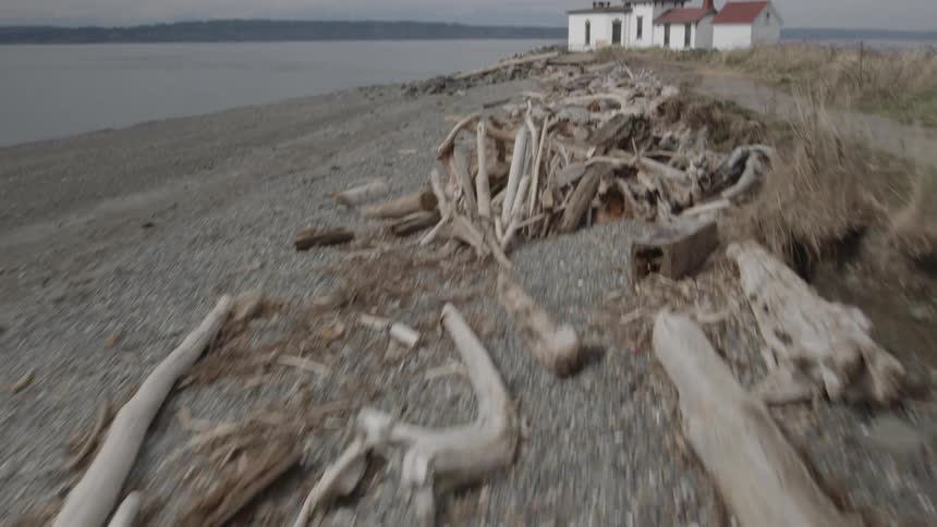 Skimming fast along a driftwood shoreline toward a lighthouse at the edge of the beach