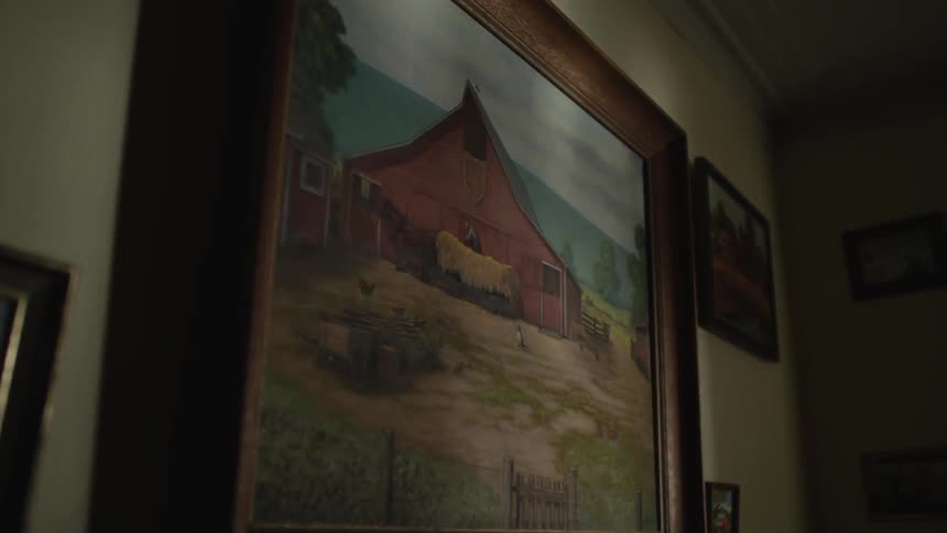 Lights of a passing vehicle reflect on the wall of a room revealing a wall with paintings on it