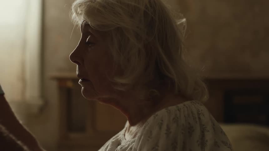 Elderly man touches old womans gray hair while she sits on bed