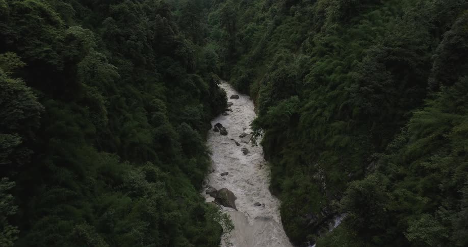 Aerial of a river between forest and mountain during the day