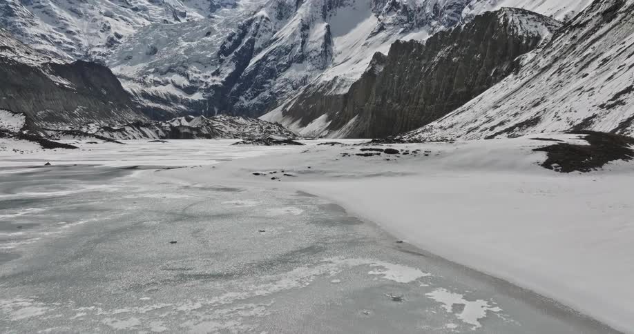 Frozen lake surrounded by snowcovered mountains
