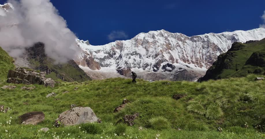 A man is hiking on the mountains