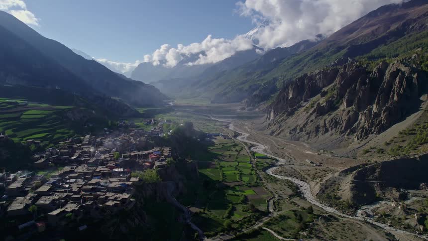 Aerial view of a village in the mountains in daylight