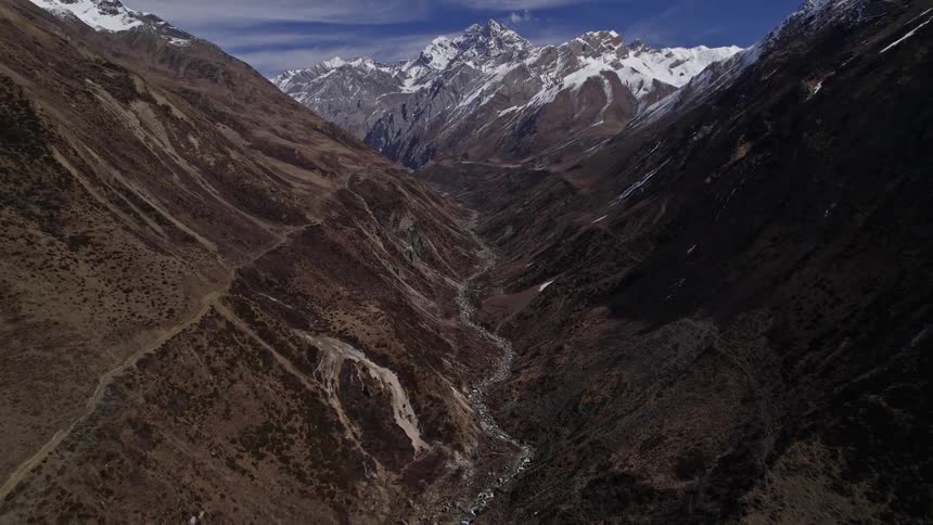 Aerial panorama of snowcovered mountains in a natural environment in daylight