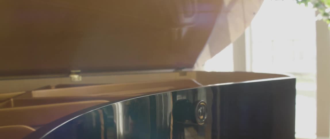 A piano is black on the outside and gold inside