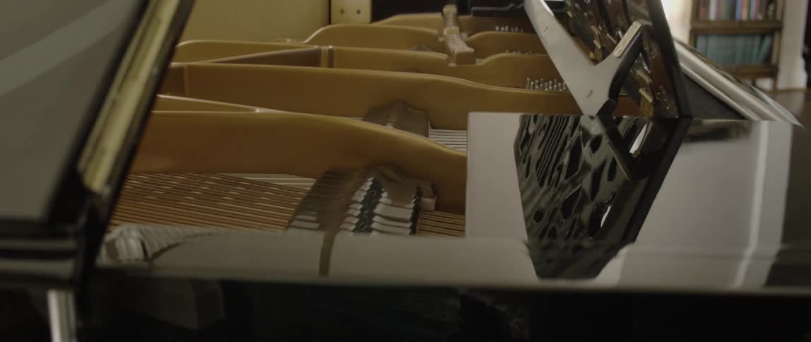 The strings inside a piano are moving