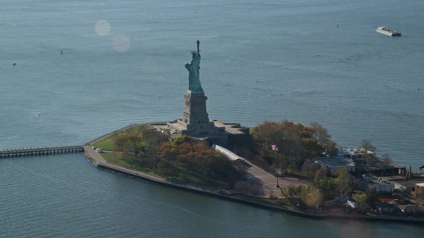 Aerial view of the statue of liberty amidst an island