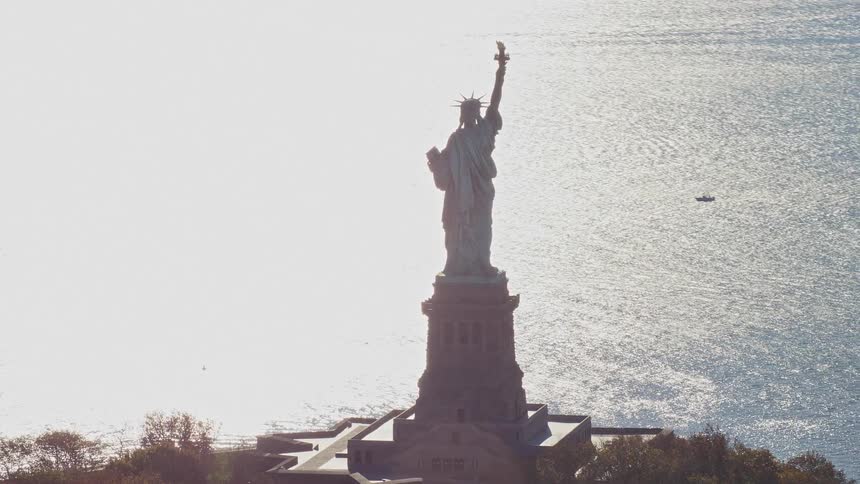 Aerial of the statue of liberty on manhattan island