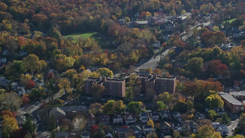 Aerial view of the suburbs with houses and apartments
