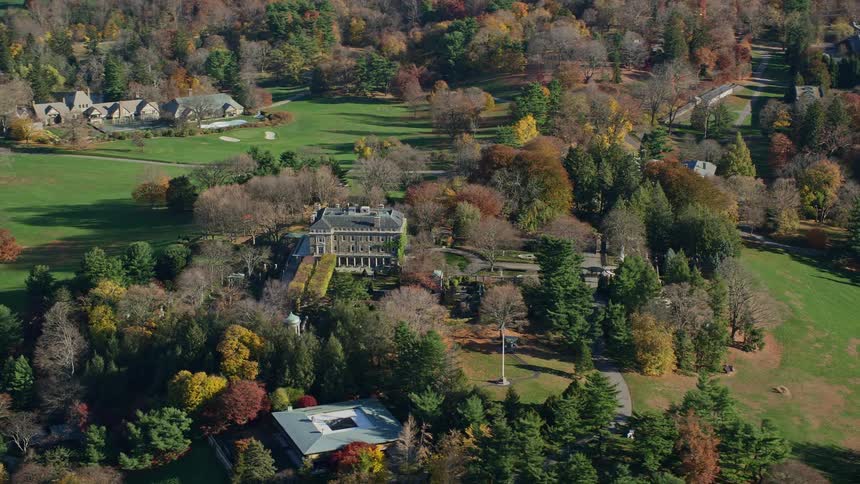 Aerial panorama of mansions amidst natural fields