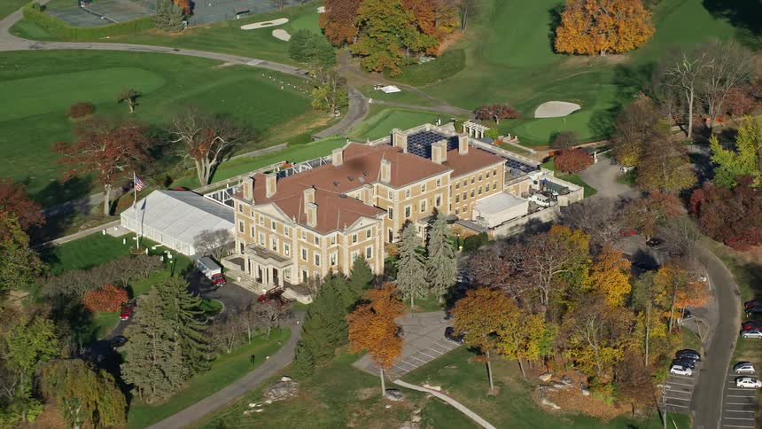An aerial view of a castle in a rural community