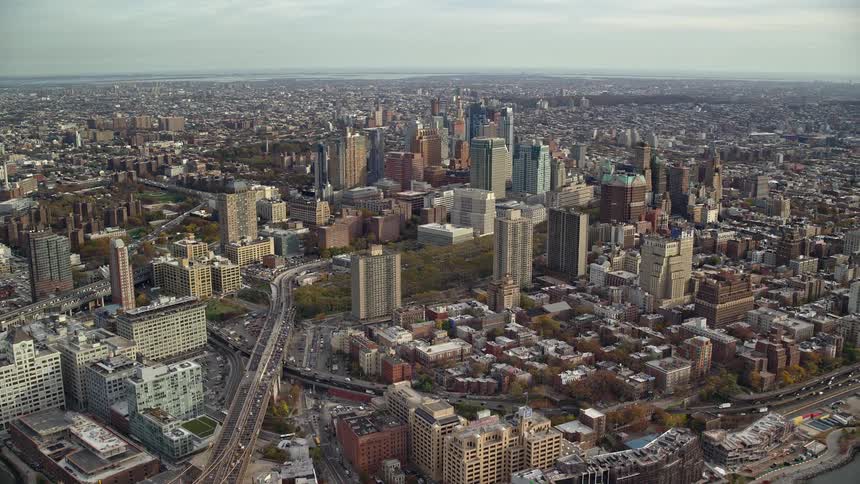Aerial view of a metropolis with skyscrapers by the seaside