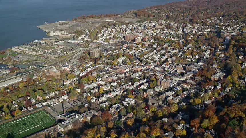 Aerial of an urban neighborhood surrounded by forest and sea during the day