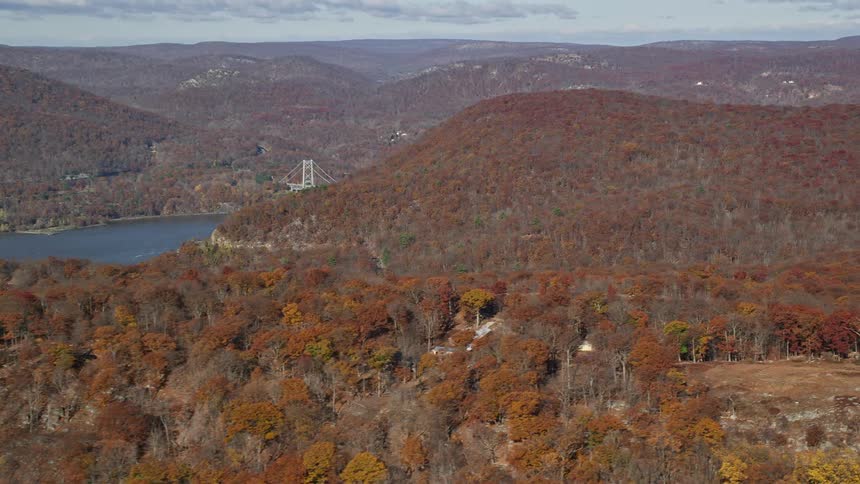 Aerial of natural landscape of mountains and forests with waterway