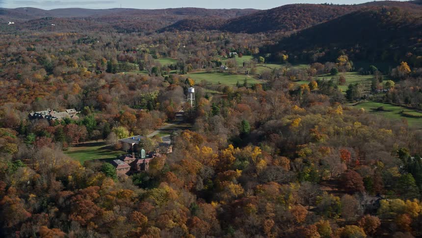 Aerial view of mansions amidst trees in a natural environment