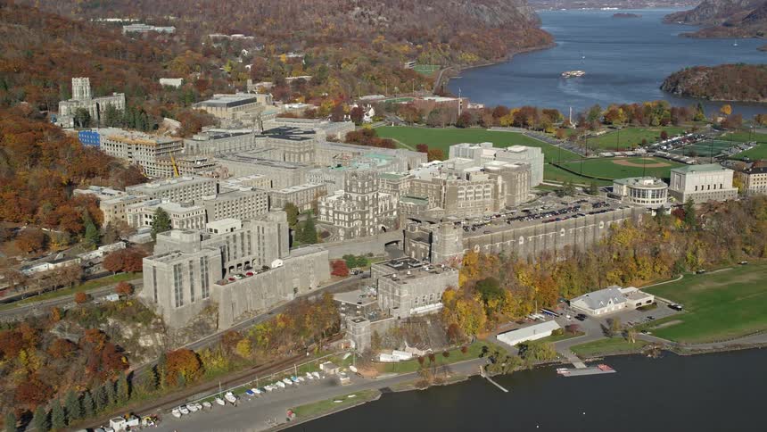 An aerial view of a rural community close to the river shore