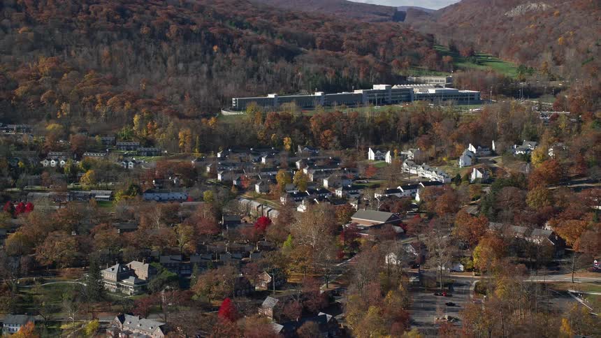 A aerial view of a rural community surrounded by the woods
