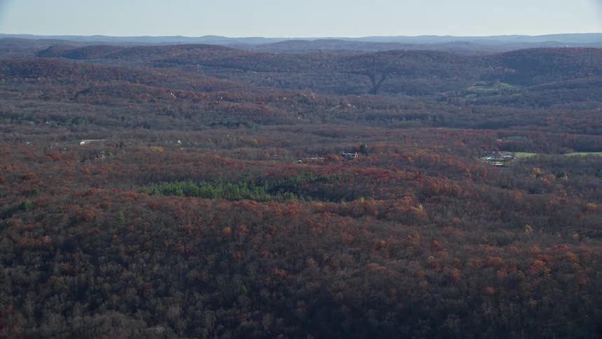 Aerial of rural buildings surrounded by woods during the fall
