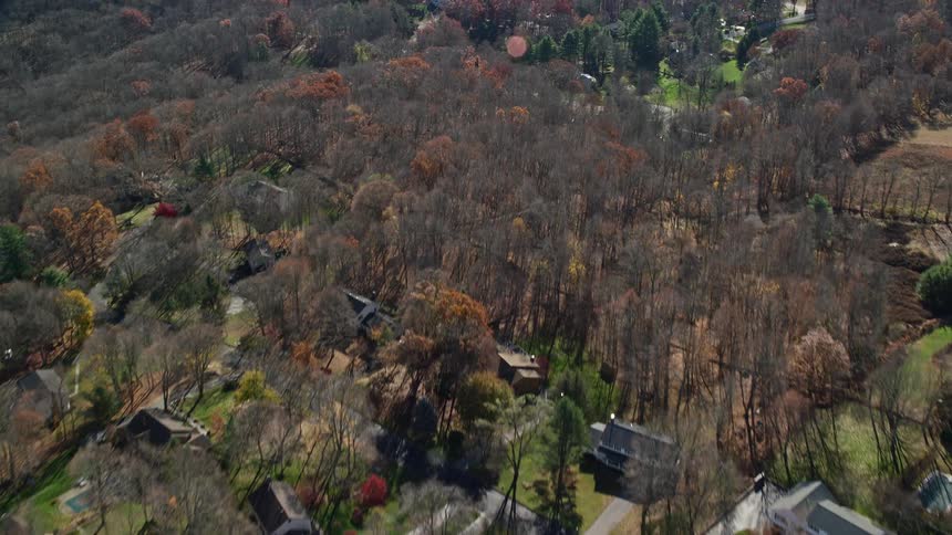 Aerial panorama of a residential neighborhood amidst natural areas with extensive vegetation