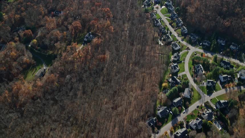 Aerial view of a residential neighborhood amidst natural areas with extensive vegetation