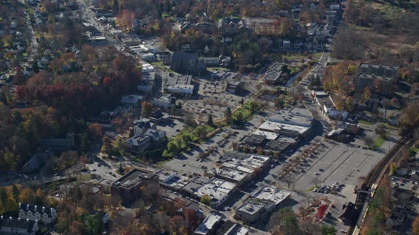 Aerial view of an urban city with houses roads and extensive vegetation