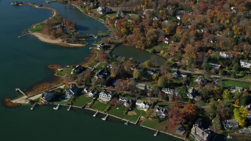 Aerial view of a residential city by the sea with extensive vegetation