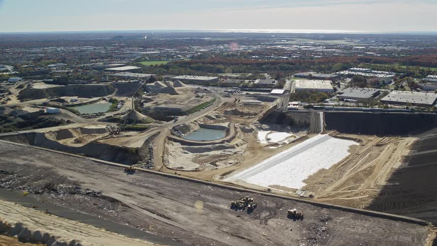 Aerial view of a landscape with land and water mines