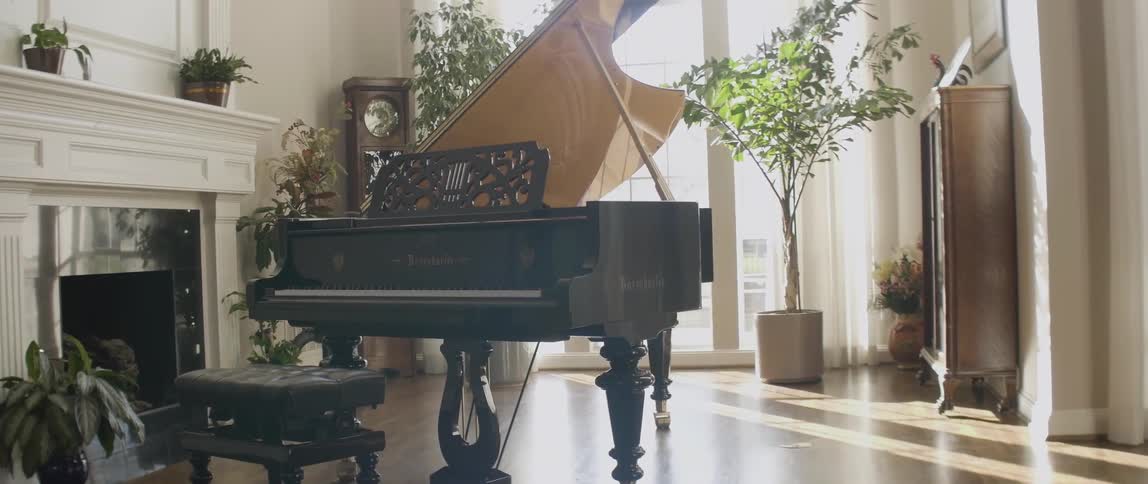 A large grand piano sits in this room