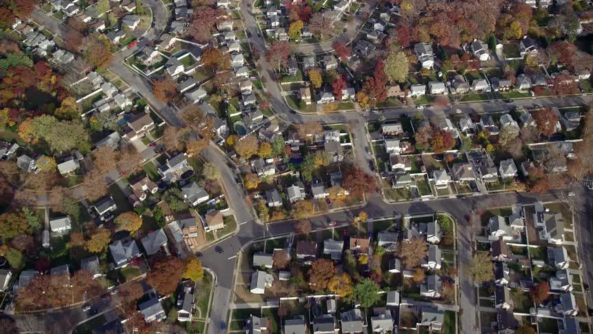 Aerial view of an urban neighborhood with houses
