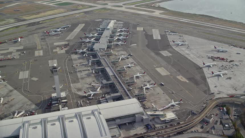 Aerial panorama of an airport by the seaside