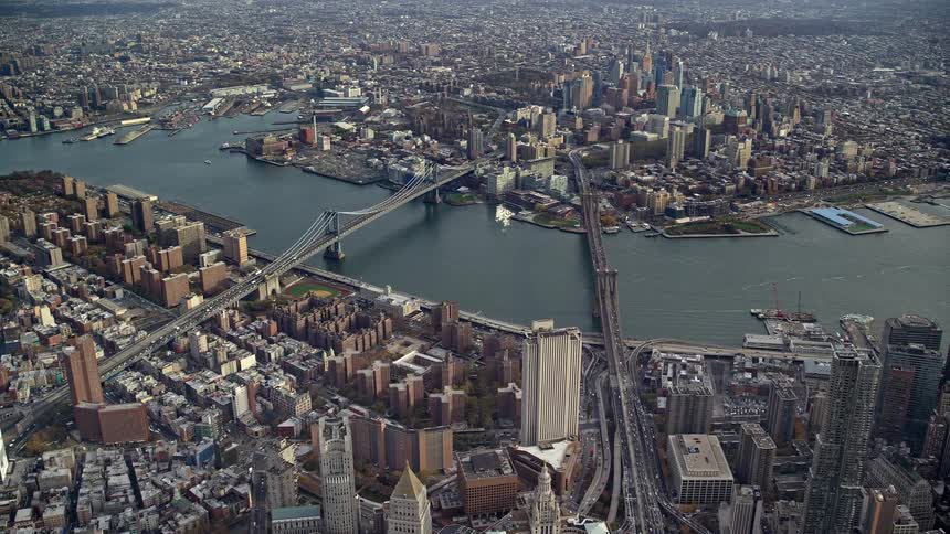 Aerial of new york city bridges and river