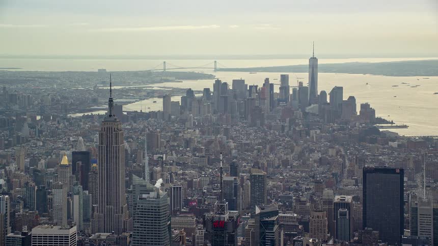 A metropolitan city with huge buildings that sits next to the sea
