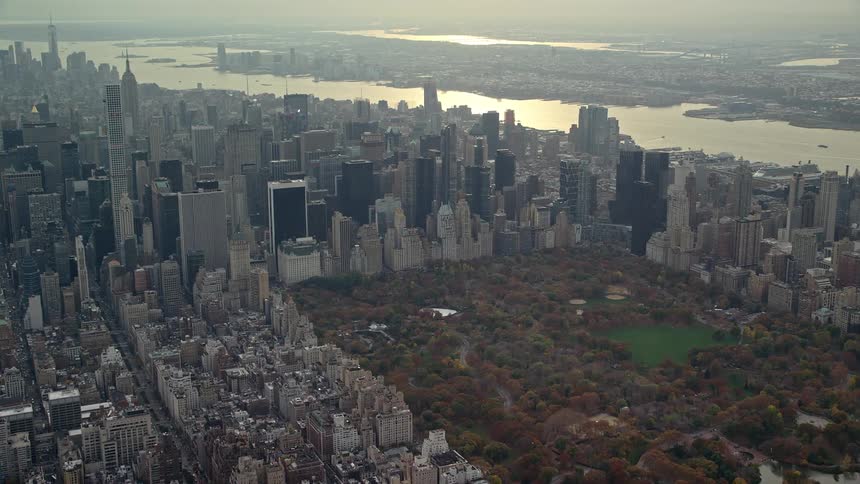 Aerial panorama of a central park amidst a metropolis by the waterfront with the morning sky