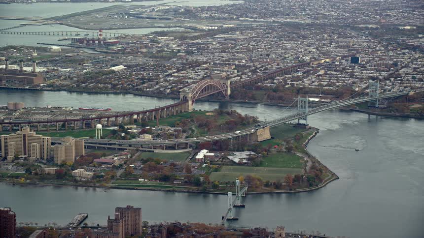 Aerial panorama of bridges over the sea connecting metropolises